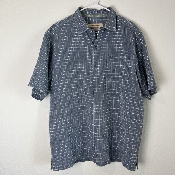 Tommy Bahama Shirt Men Large Adult Blue Casual Button Down Textured Silk Check - Picture 1 of 7